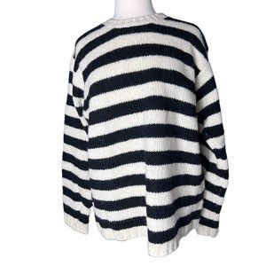 J. Crew Womens Shetland Wool Crew Neck Sweater Black White Stripes XL